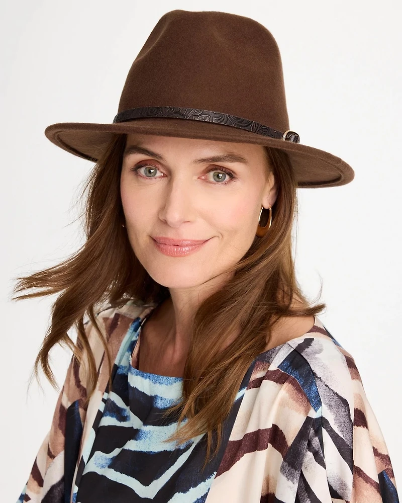 Paisley-Print-Trim Wool Felt Fedora Hat
