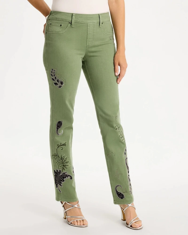 Embellished Pull-On Straight Jeans
