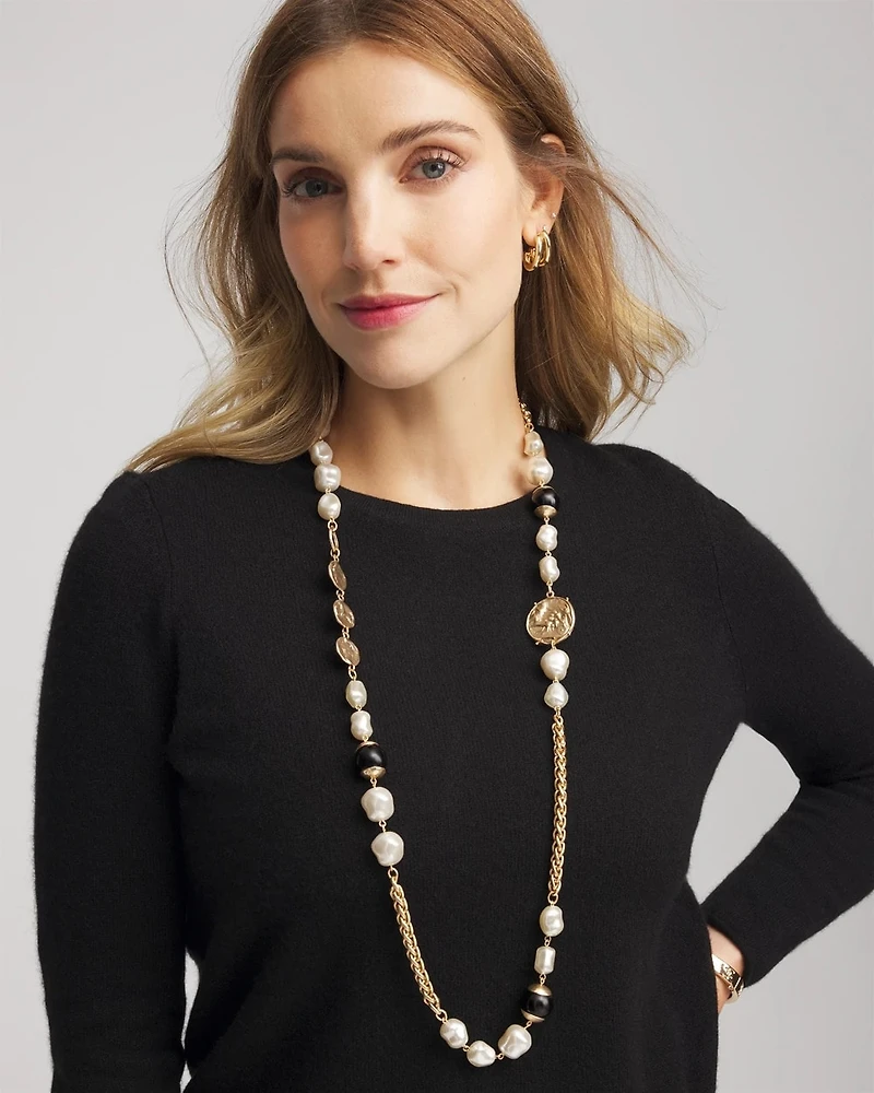 Gold Pearl Long Single-Strand Necklace