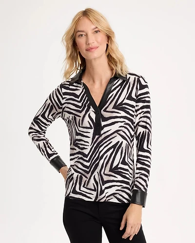 Zebra Animal Print Knit Leather-Trim Tee