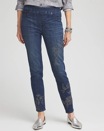 Floral Embroidered Pull-On Ankle Jeggings