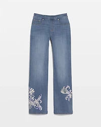 Embroidered Pull-On Wide-Leg Jeans