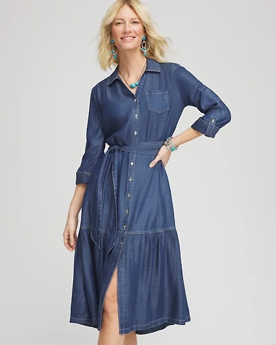 Tencel™ Tiered Belted Jean Shirtdress