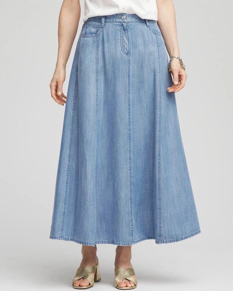 Lightweight Denim Fly Front Midi Skirt