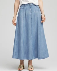 Lightweight Denim Fly Front Midi Skirt