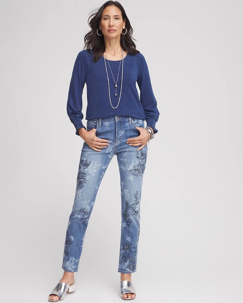 Faux Denim Smocked Sleeve Tee