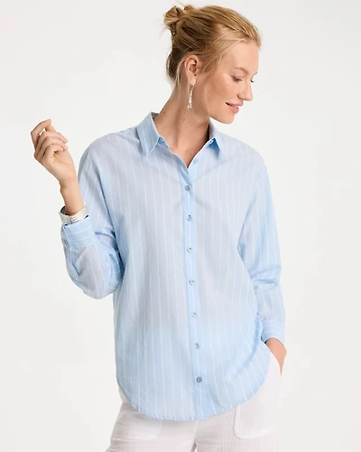Cotton Voile Collared Striped Shirt