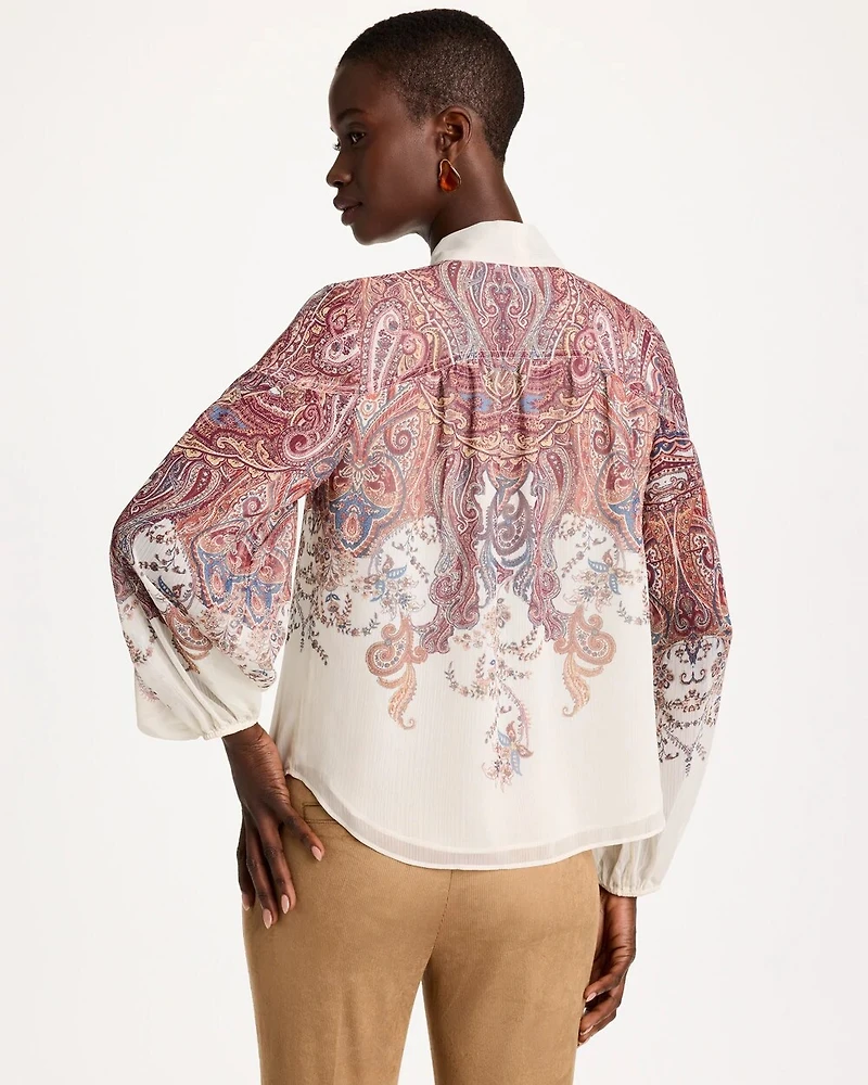 Paisley Chiffon Tie-Neck Pullover