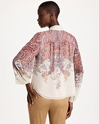 Paisley Chiffon Tie-Neck Pullover