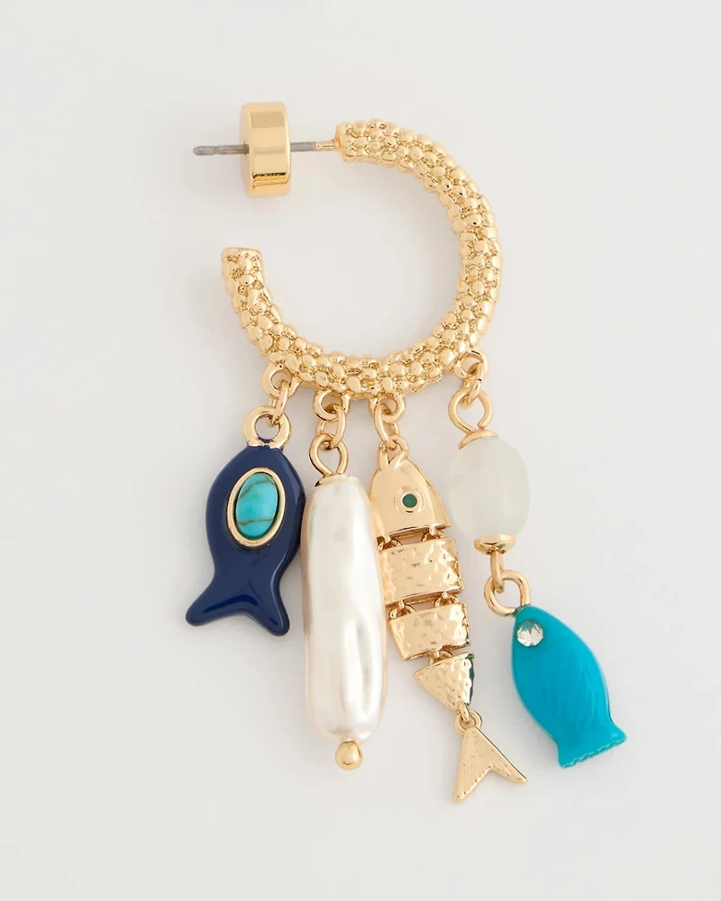 Fish Charm Crinkle Hoop Earrings