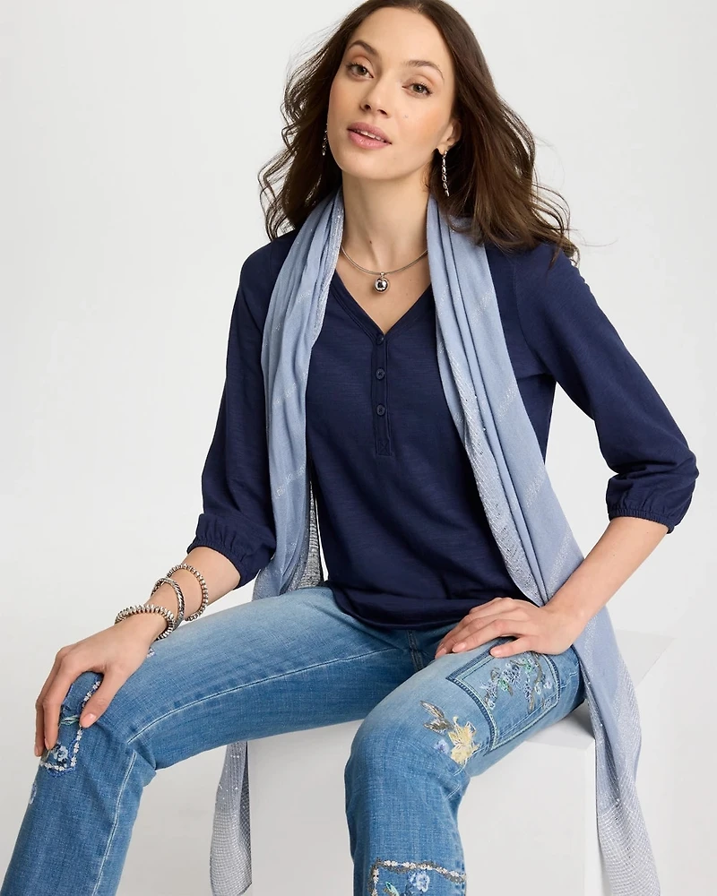 Puff Sleeve Cotton Slub Henley Shirt