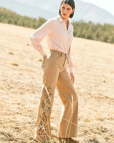Embroidered High-Rise Wide-Leg Jeans