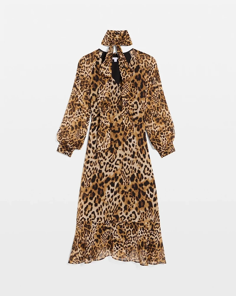 Chiffon Tie-Neck Animal Print Dress