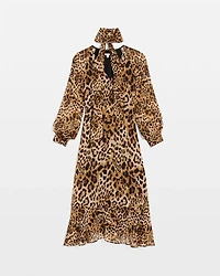 Chiffon Tie-Neck Animal Print Dress