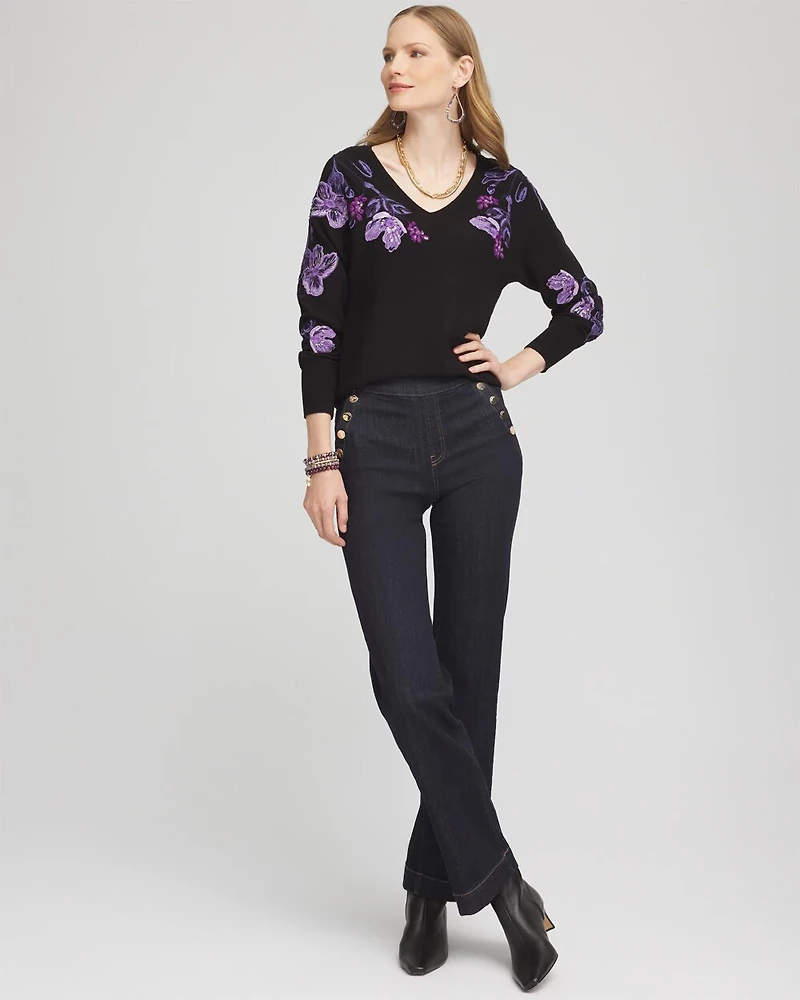 Embroidered V-Neck Dolman Sleeve Sweater