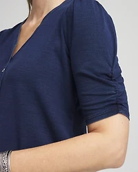 Denim Shirred-Sleeve Henley Tee