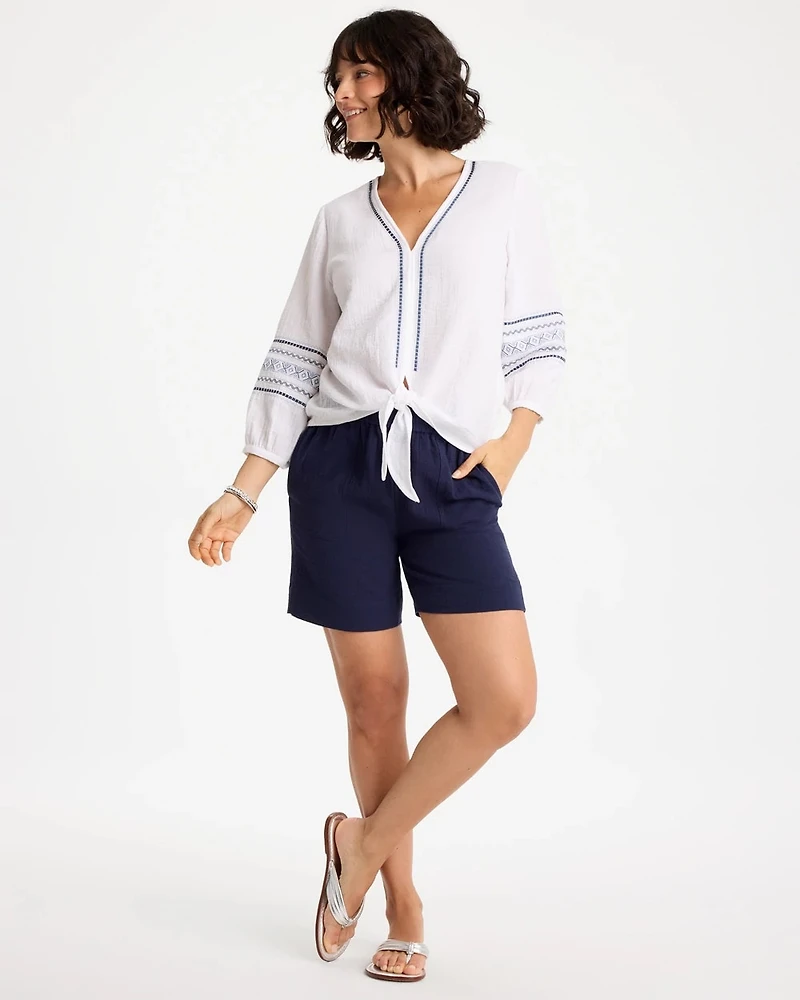Cotton Gauze Embroidered Tie-Front Blouse