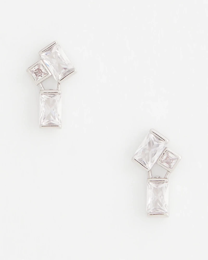 Emerald Cut Silvertone Cluster Stud Earrings