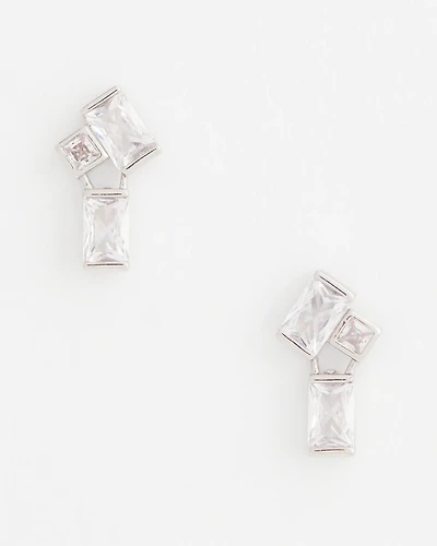 Emerald Cut Silvertone Cluster Stud Earrings
