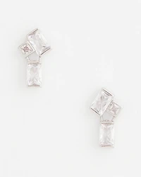 Emerald Cut Silvertone Cluster Stud Earrings