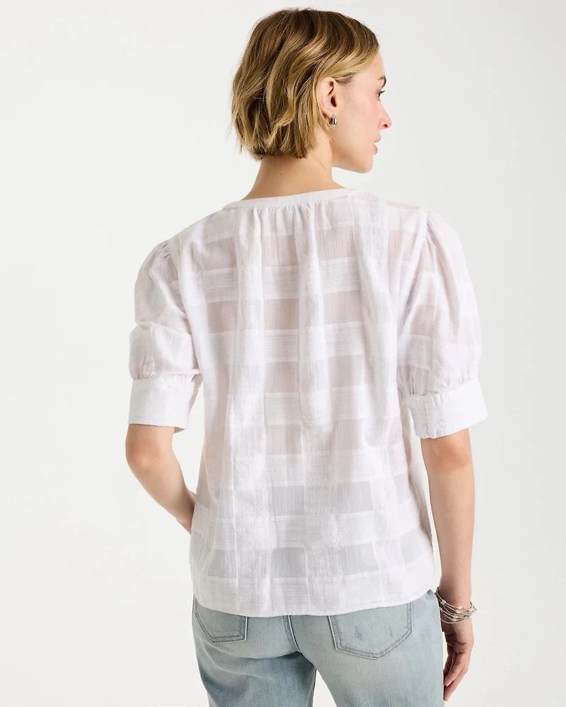 Cotton Plaid Elbow-Sleeve Shirt