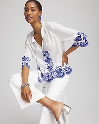 Embroidered Tassel Tie-Front Blouse