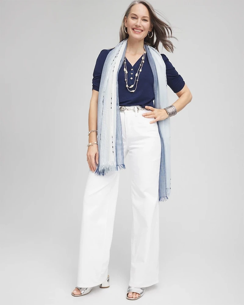 Denim Shirred-Sleeve Henley Tee