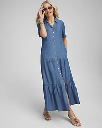 Faux Denim Tiered Shirt Dress