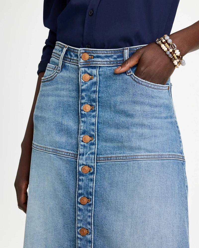 Drapey Denim Button Front Skirt