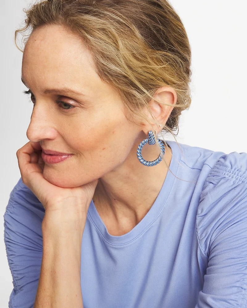 Blue Twist Drop Hoop Earrings