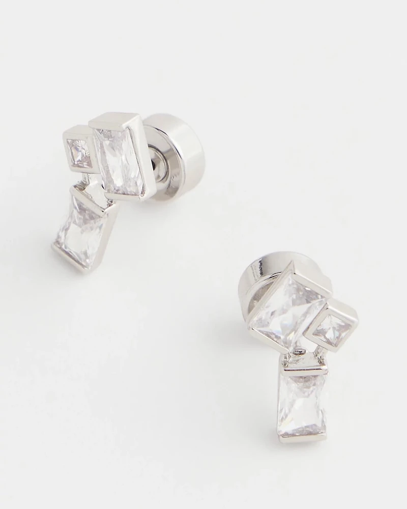 Emerald Cut Silvertone Cluster Stud Earrings