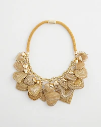 Gold Beaded Heart Charm Bib Necklace