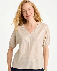 Fog Foiled Linen Ruched V-Neck Tee