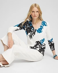 Placed Floral Print V-neck Pullover Sweater