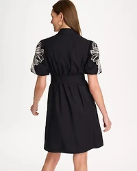 Embroidered Poplin Cotton Belted Dress
