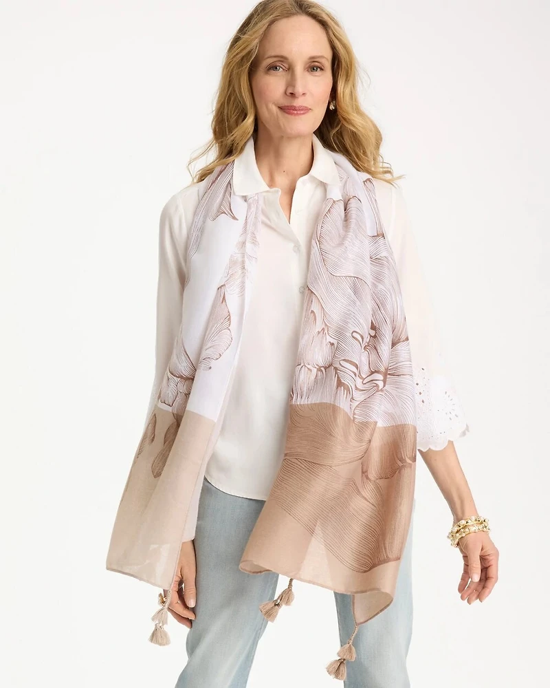 Neutral Floral Tassel Oblong Scarf