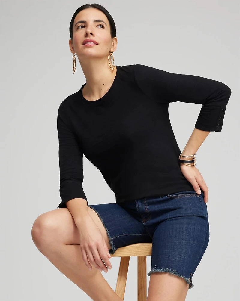 Cotton Slub 3/4 Sleeve Button Tee