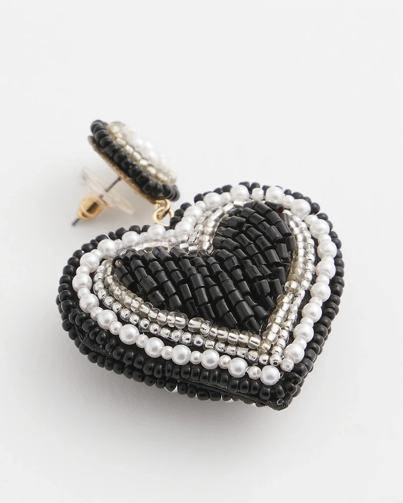 Black Beaded Heart Drop Earrings