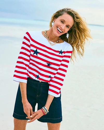 Cotton-Blend Americana Striped Intarsia Sweater