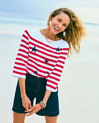 Cotton-Blend Americana Striped Intarsia Sweater