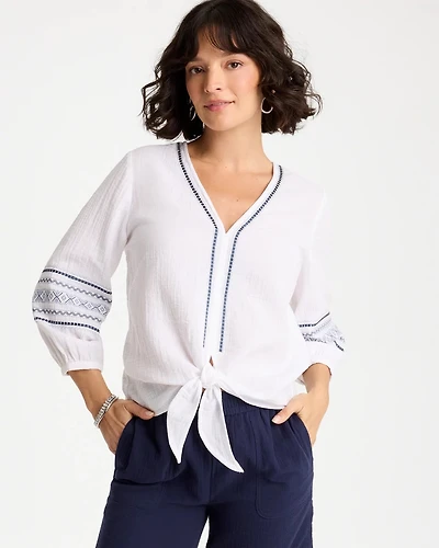 Cotton Gauze Embroidered Tie-Front Blouse