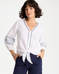 Cotton Gauze Embroidered Tie-Front Blouse