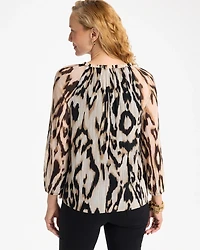 Ikat Animal Crinkle Mesh Ruffle Neck Top