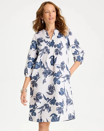 Floral Linen-Cotton Pintuck Dress