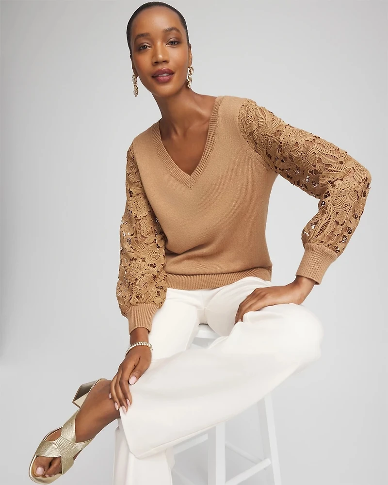 Woven Lace V-Neck Pullover Sweater