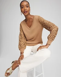Woven Lace V-Neck Pullover Sweater