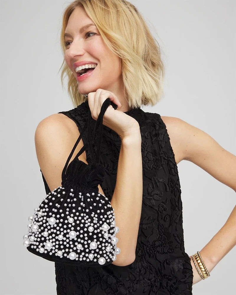 Faux Pearl & Velvet Crossbody Bucket Bag