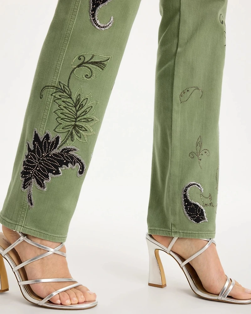 Embellished Pull-On Straight Jeans