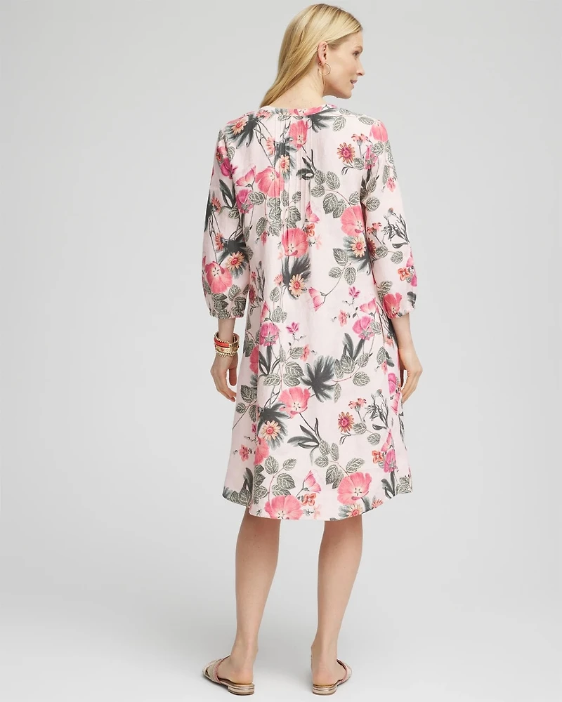 Floral Linen Pintuck 3/4 Sleeved Dress