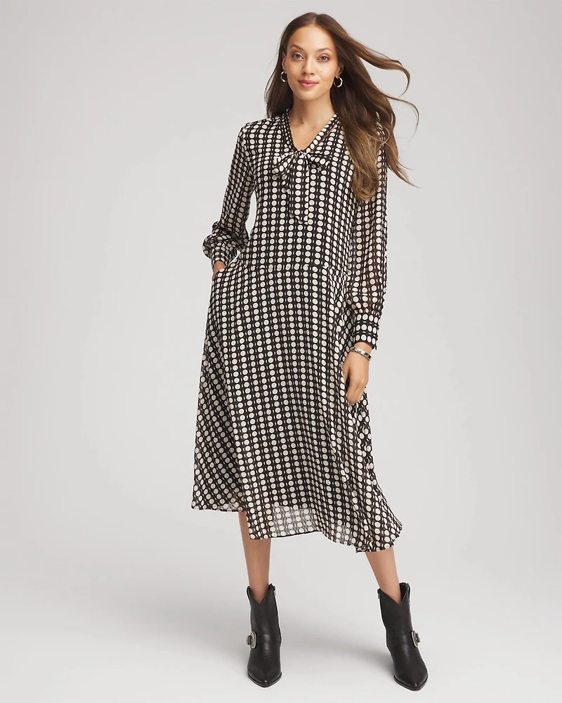 Chiffon Clip-Dot Tie-Neck Dress